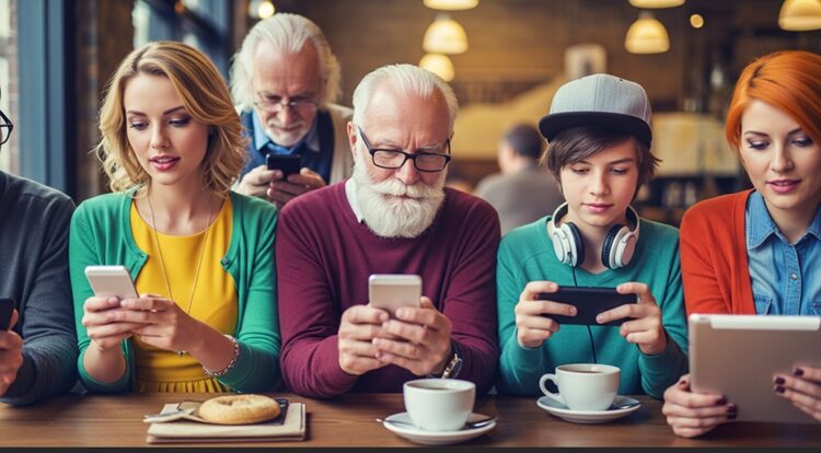 Diverse group of language learners using mobile devices for different learning approaches